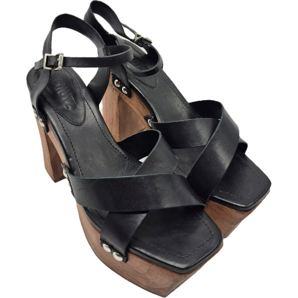 Schutz Gaylah Black Platform Sandals Block Heels Women's 7.5B Black Brown